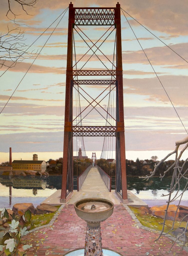 John Moore, “Fountain and Footbridge,” 2019, oil on canvas, 72 x 54 in.