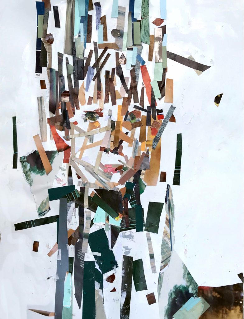 Linnea Paskow, "Portrait of C," (2019), 30” x 22”, collage of magazine and paint fragments
