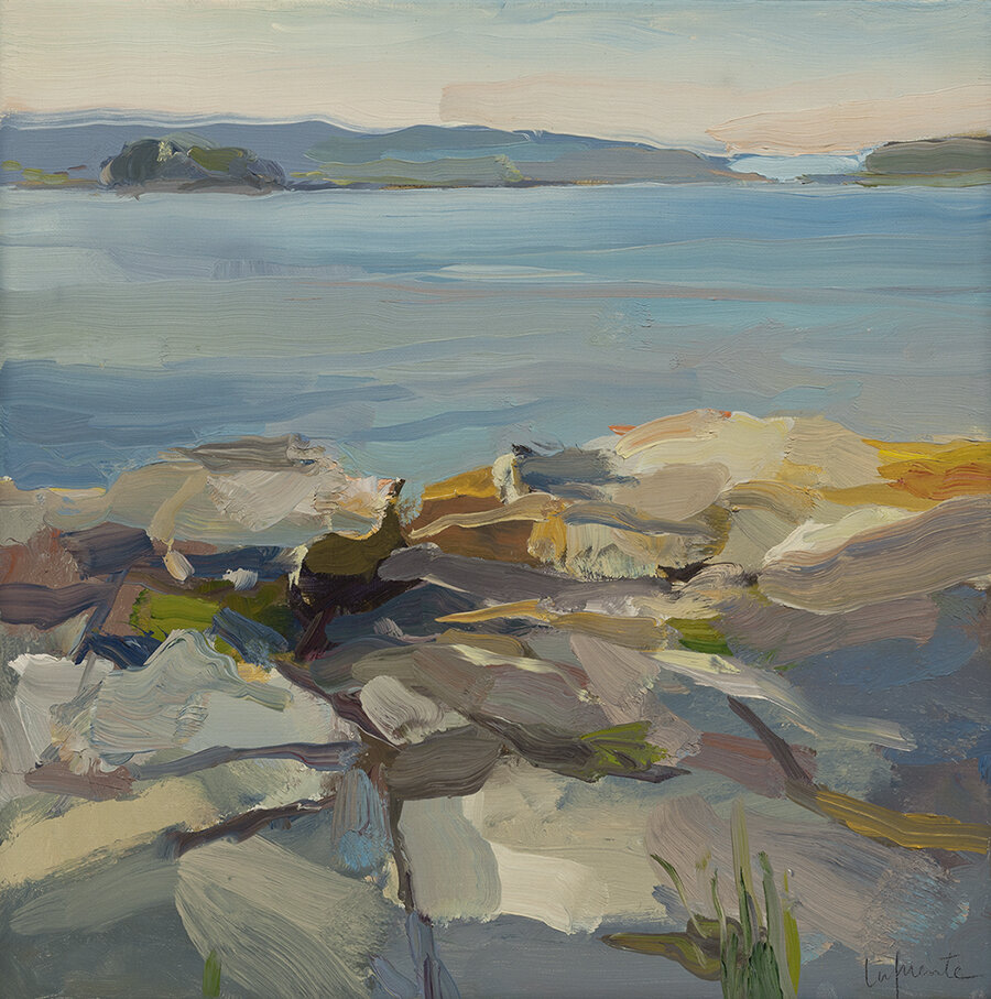 Christine Lafuente, “Rocky Point on the Sound,” oil on linen, 14 x 14 in.