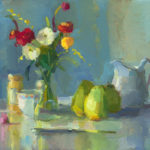 Christine Lafuente: Looking Into Water Christine Lafuente, “Zinnias, Ranunculus, and Pears,” oil in linen, 16 x 20 in.