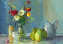 Christine Lafuente: Looking Into Water Christine Lafuente, “Zinnias, Ranunculus, and Pears,” oil in linen, 16 x 20 in.