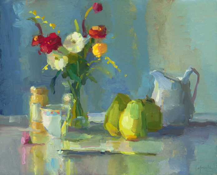 Christine Lafuente, “Zinnias, Ranunculus, and Pears,” oil in linen, 16 x 20 in.