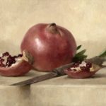The Red Show Sarah Lamb, “Pomegranates and Olive Leaves,” 2019, oil on linen, 8 x 15.5 in.