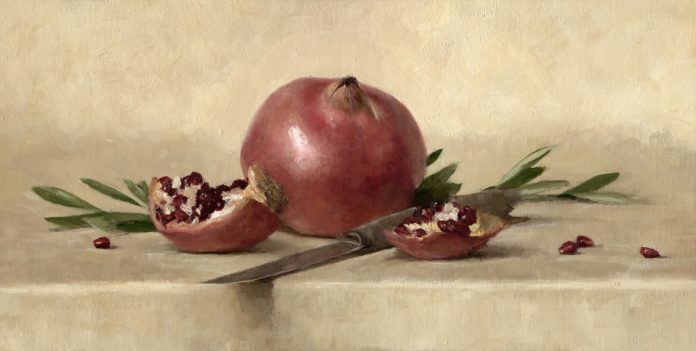 Sarah Lamb, “Pomegranates and Olive Leaves,” 2019, oil on linen, 8 x 15.5 in.