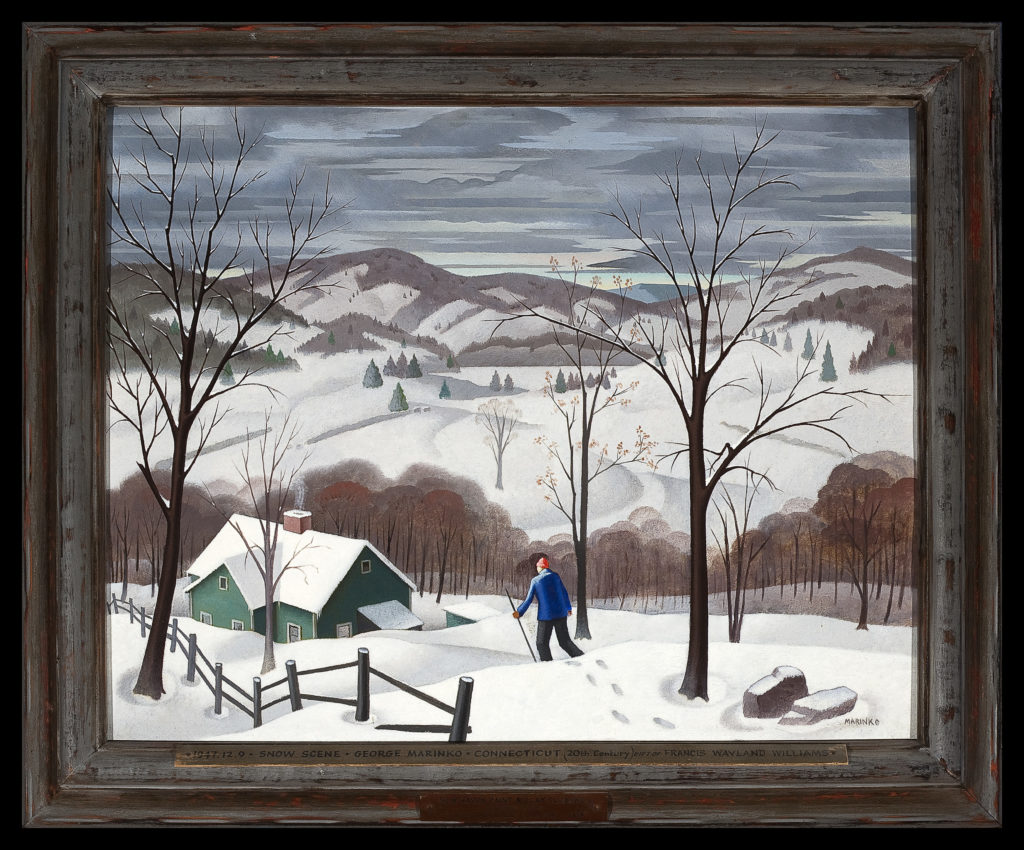George Marinko (American, 1908–1989), “Snow Scene,” ca. 1939, oil on board. 15.25 x 19.25 in. Lyman Allyn Art Museum, gift of Frances Wayland Williams, 1947.12.9