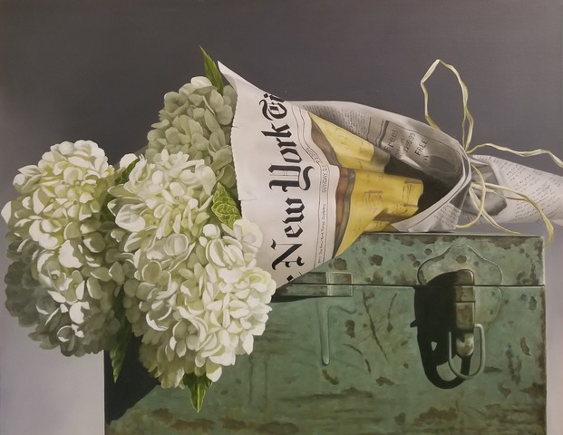 Loren DiBenedetto, “White Hydrangea in NY Times,” 24 x 30 in.