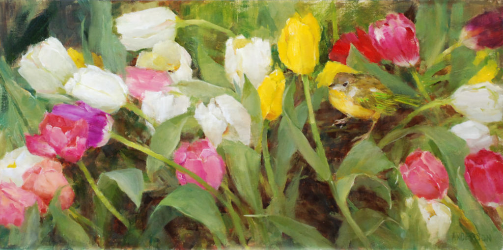 Kathy Anderson, “Tulips and Warbler," 10 x 20