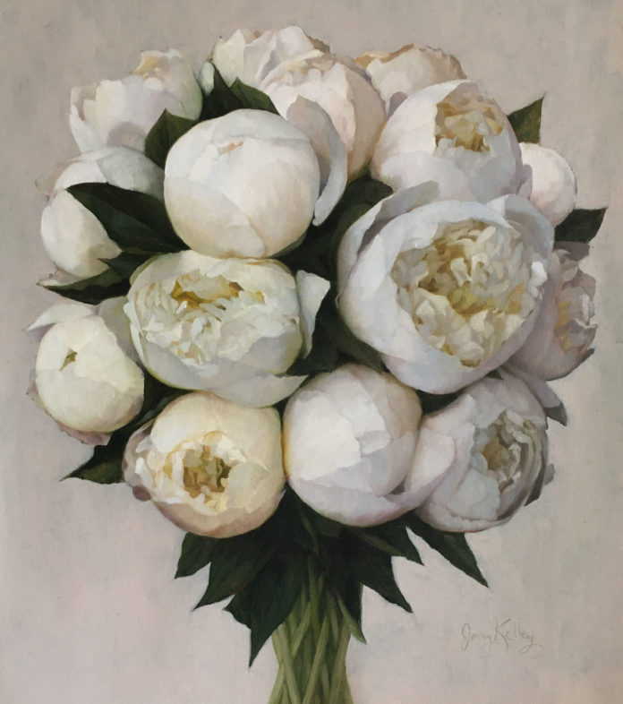 White Peonies by Jenny Kelley oil on linen, 16 x 18 inches