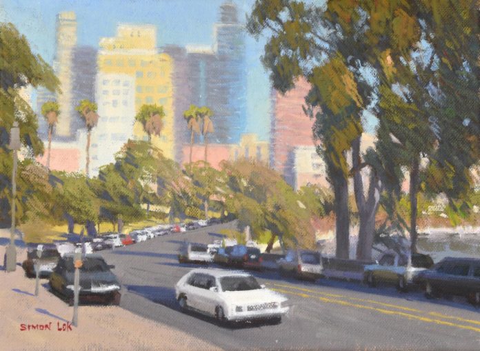 Simon Lok, “Wilshire Boulevard, Downtown L.A.,” Oil, 9″ x 12″