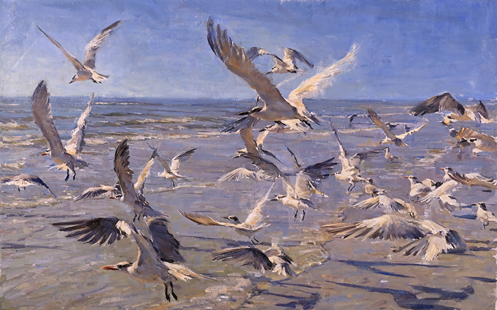 Oil painting of seagulls at a beach