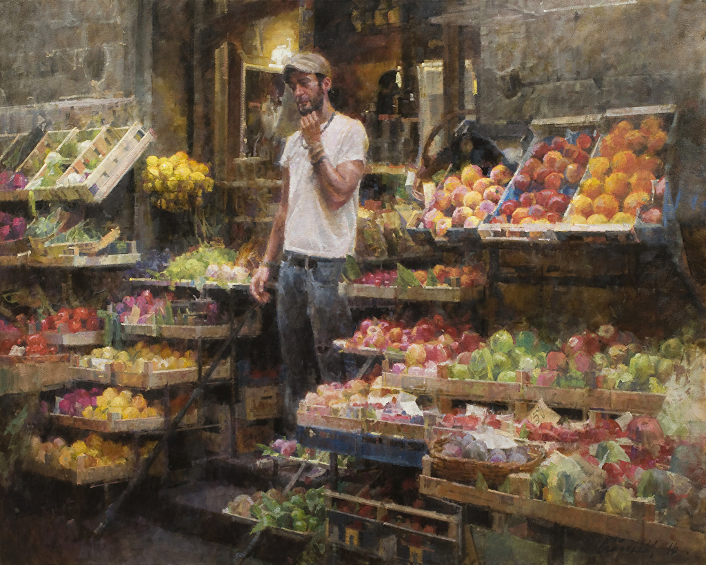 Oil painting of a man selling fruit