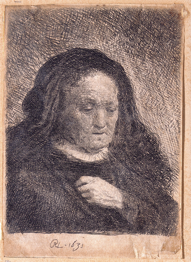 Rembrandt Harmensz van Rijn, “Rembrandt's Mother with Her Hand on Her Chest: Small Bust" etching