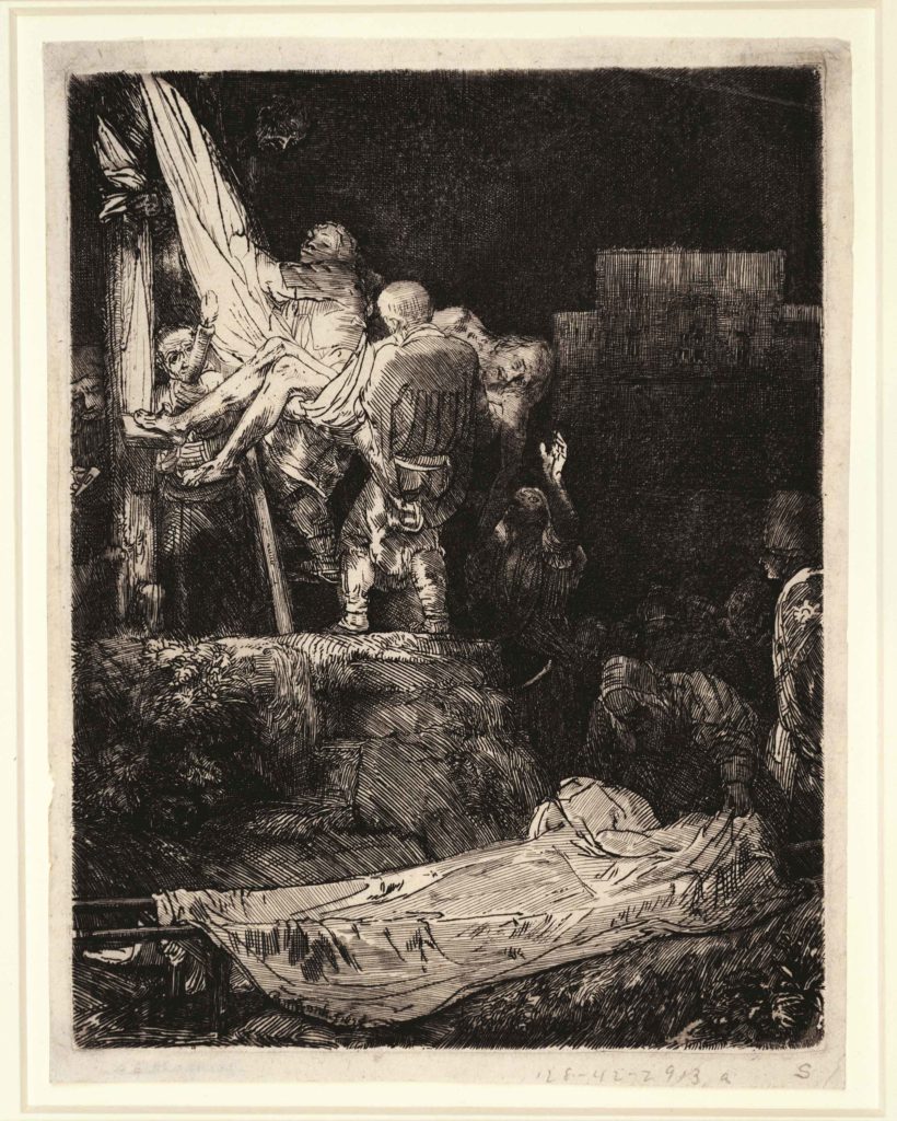 Rembrandt Harmensz van Rijn, “Descent from the Cross by Torchlight” etching