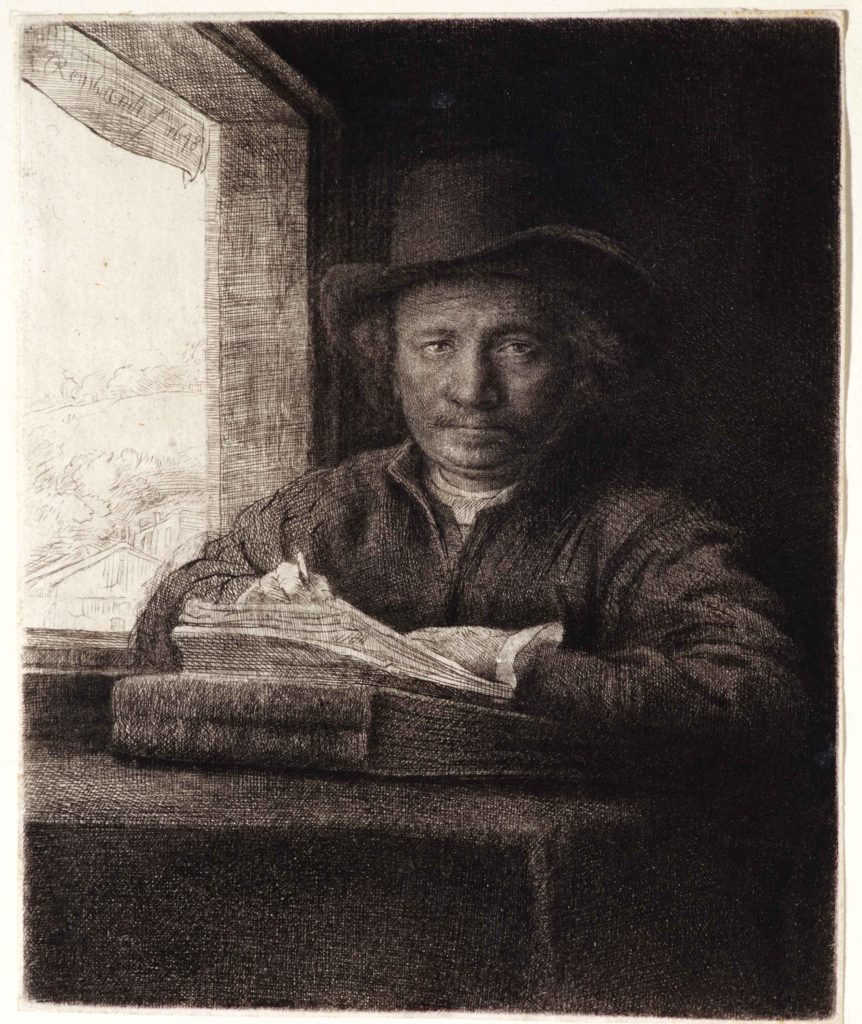 Etching self-portrait by Rembrandt