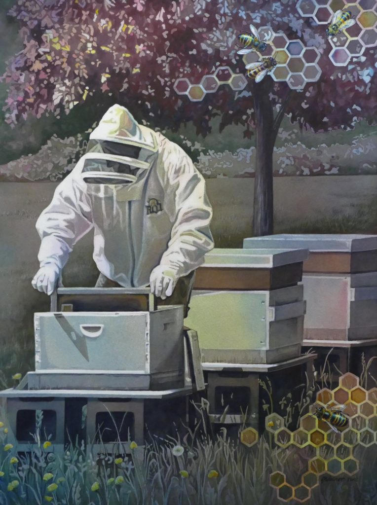 Figurative art painting of a beekeeper