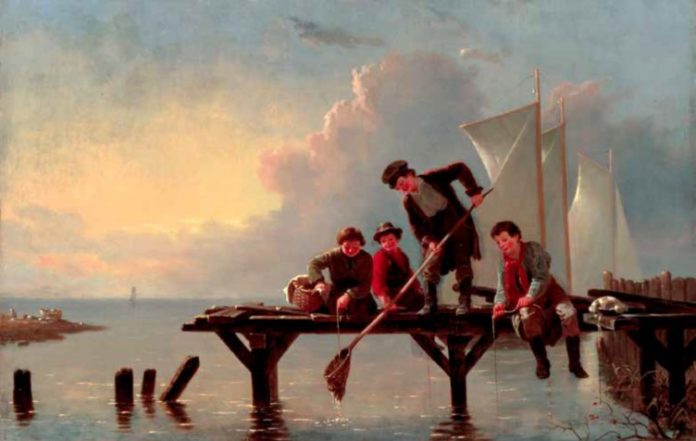 Narrative painting of boys fishing