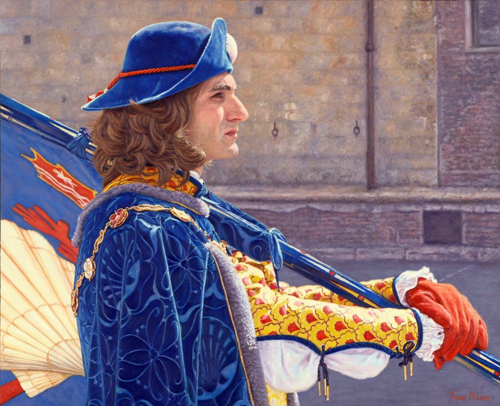 Figurative art painting of a young man in costume