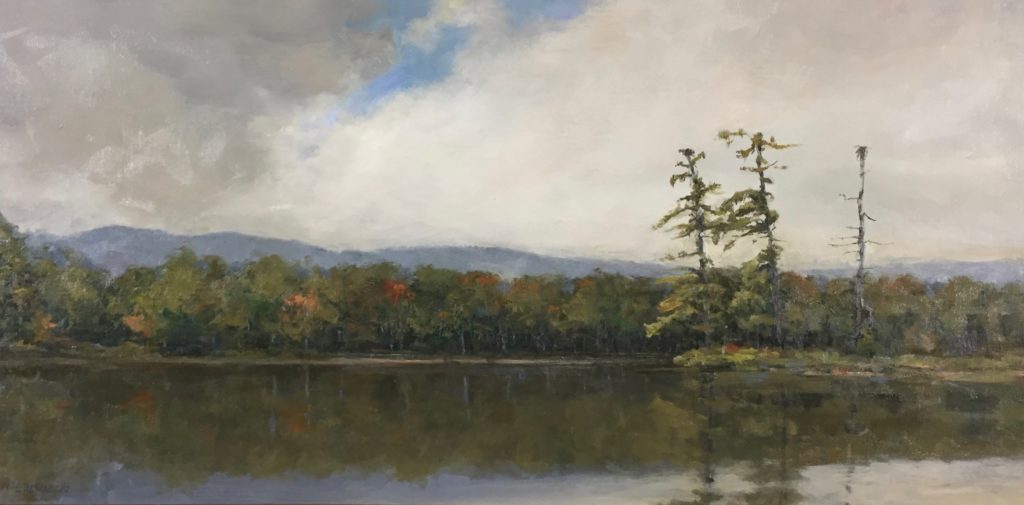 Landscape painting of lake with trees