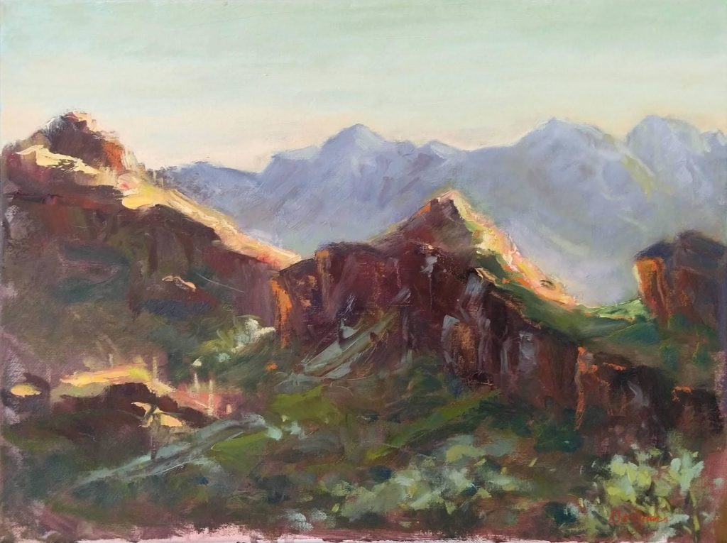 Jan Deligans, "Morning Light on Gates Pass Mountains" painting