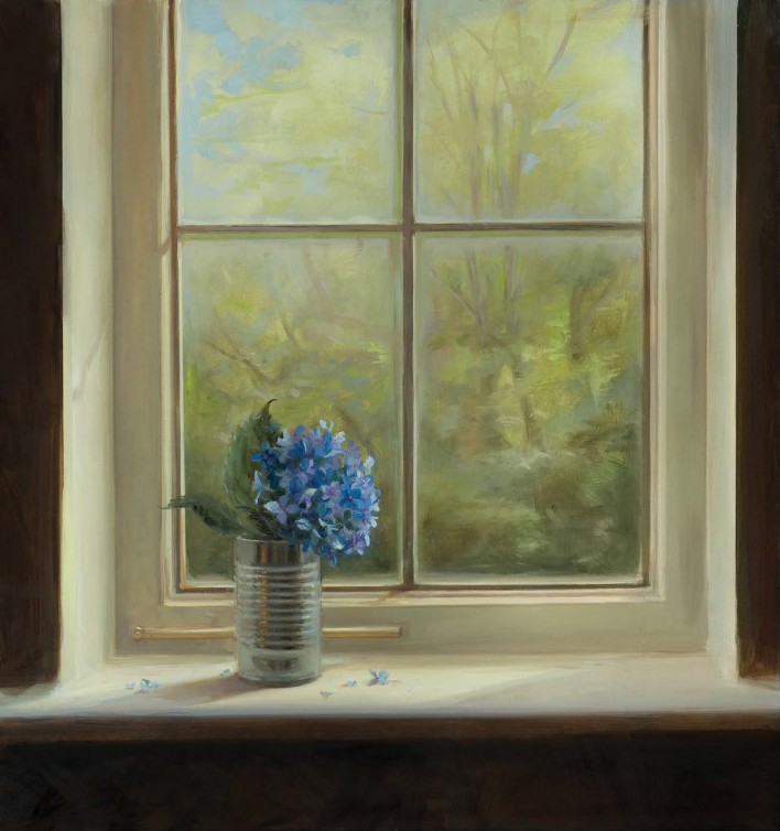 Classical art still life painting of flowers in a window