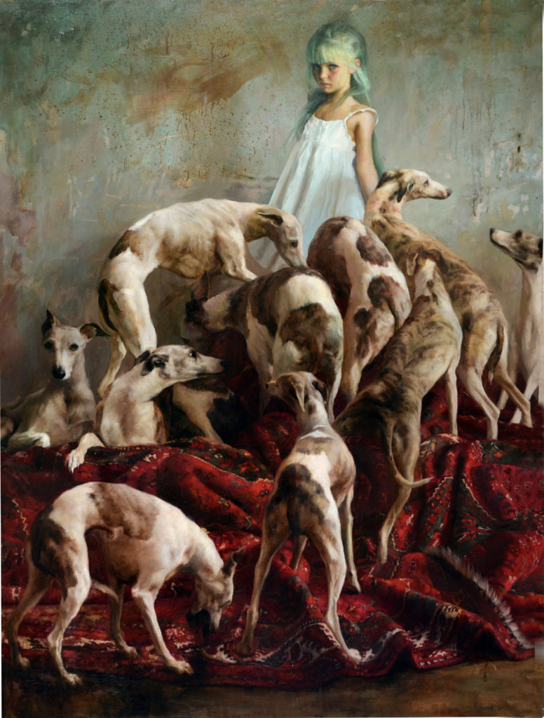"Laura and the Dogs," 2012, oil on canvas, 78 3/4 x 59 in., private collection, Chile