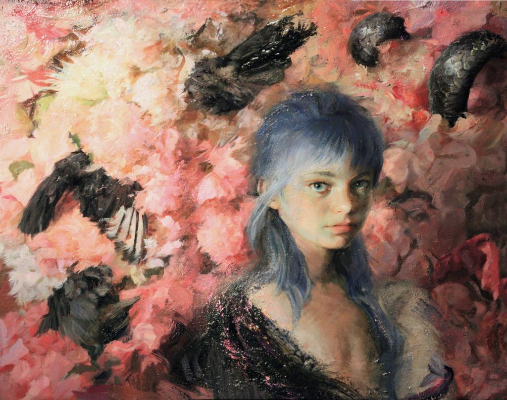 "The Girl of the Birds," 2018, oil and acrylic on canvas, 19 2/3 x 27 1/2 in., private collection, Chile