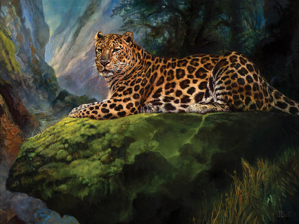 Oil painting of a jaguar on a mossy rock