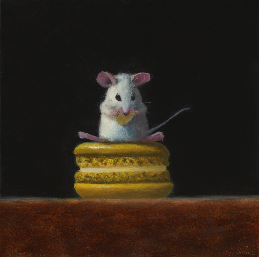 Oil painting of a mouse sitting on top of a mini round sandwich