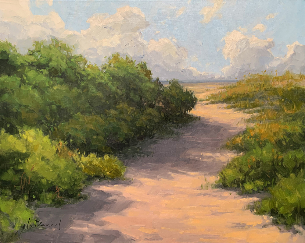 Oil painting of sandy dune trail
