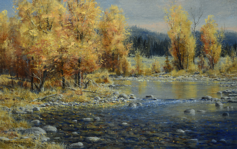 Oil painting of a creek with trees in fall colors