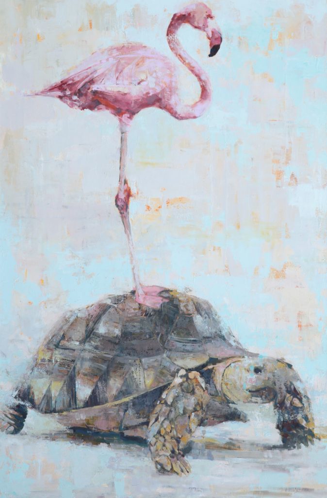 Wildlife art - flamingo and turtle
