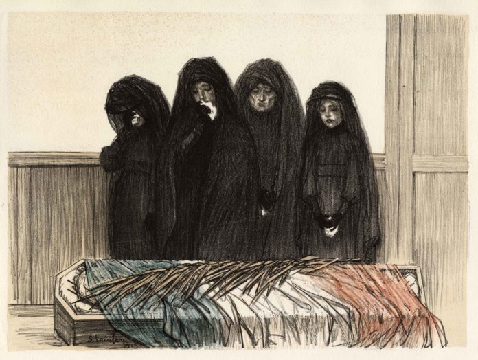 Color lithograph by Theophile Steinlen of French Women Mourning