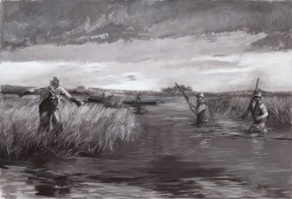 Acrylic and charcoal painting of men hunting