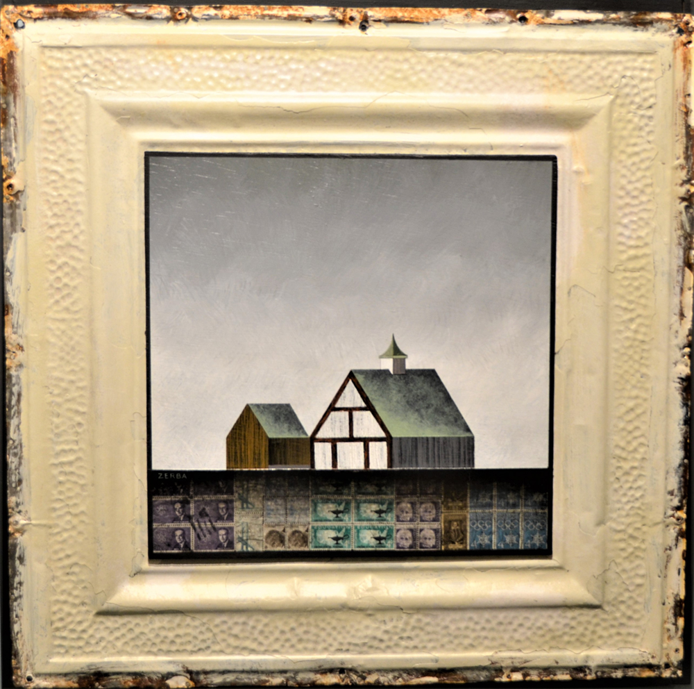 Framed mixed media artwork of rural buildings