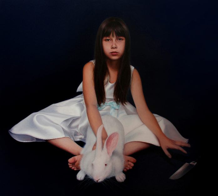 Contemporary realism painting of a girl with rabbit