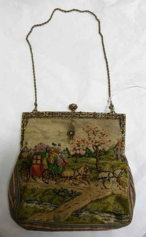Petit point French evening bag with beaded metal frame