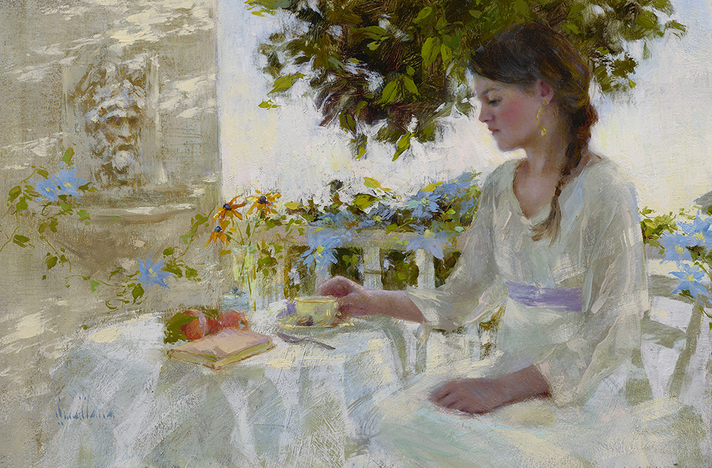 Painting of woman having tea in a garden