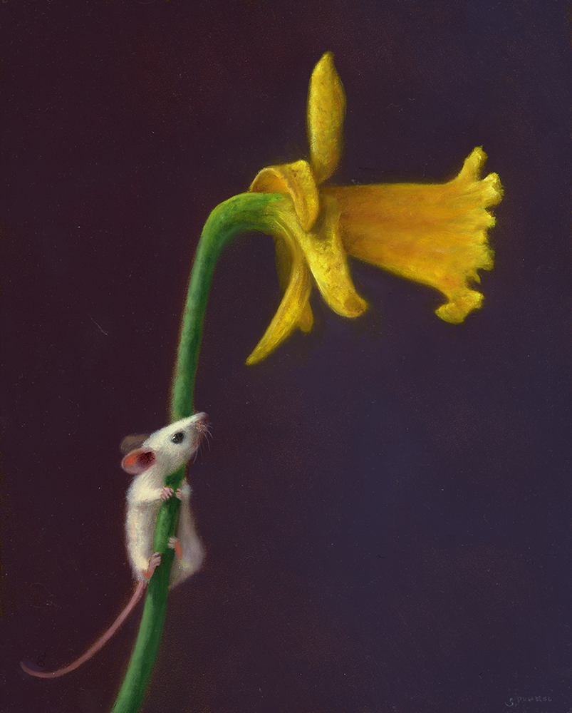 Oil painting of little white mouse climbing stem of yellow flower