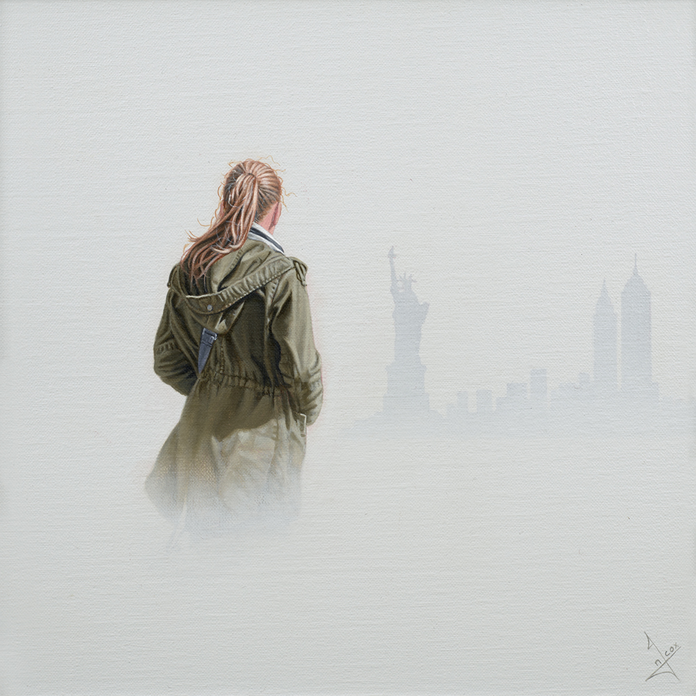 Painting of girl looking through mist at New York harbor
