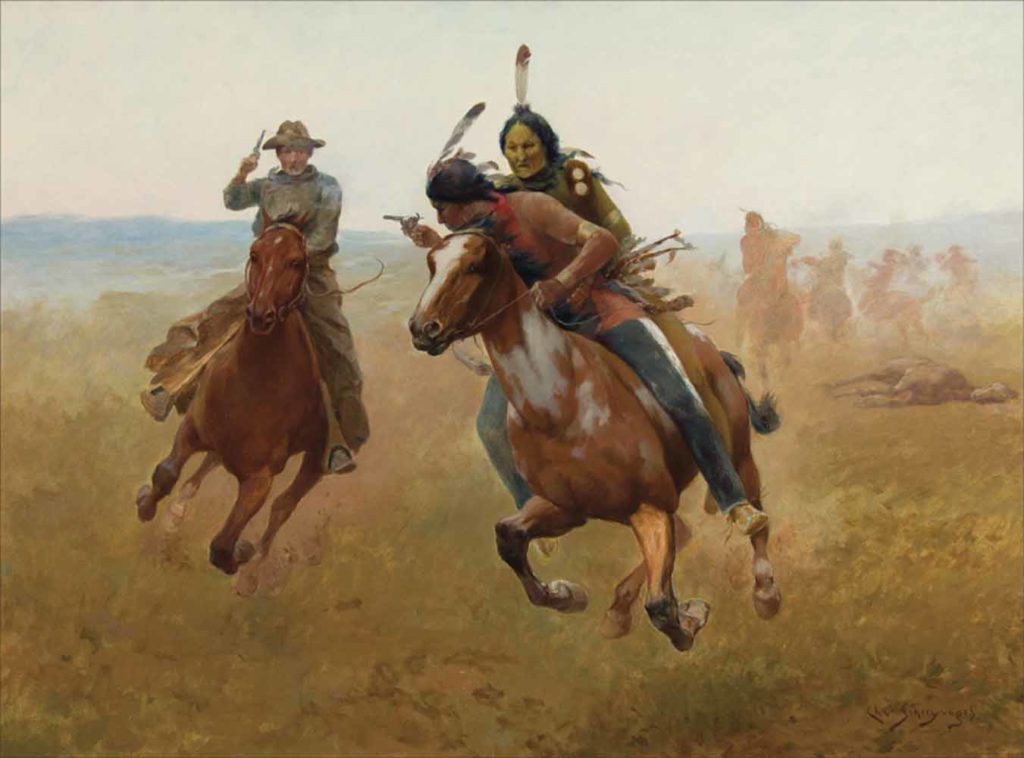 Oil painting of cowboys and Indians