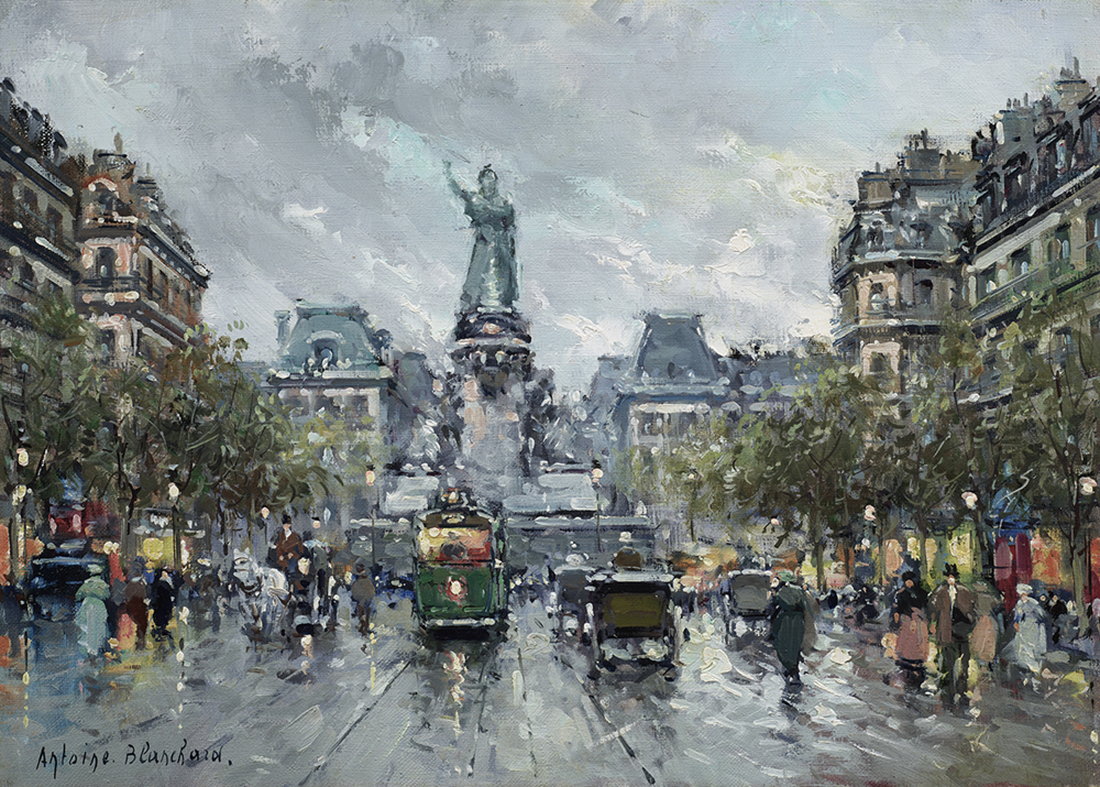 Oil painting of city scene in the rain