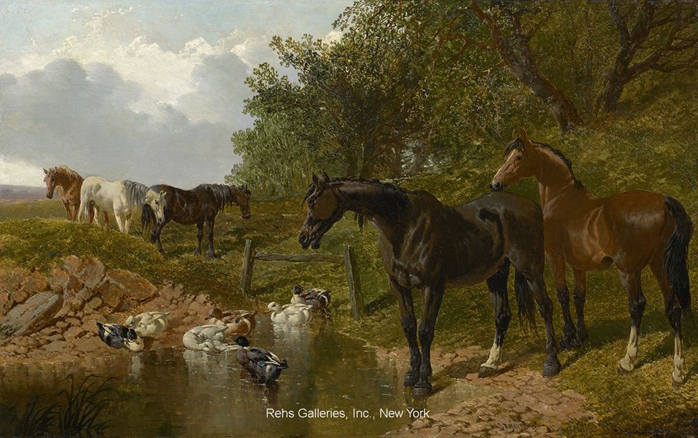 Richly painted scene of horses and ducks at a pond