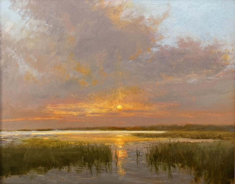 Painting of sunset over water