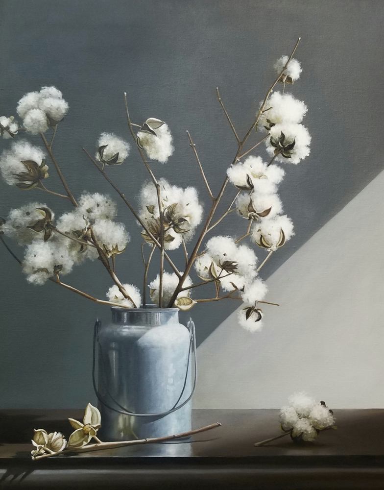 Oil painting of stems of cotton in a vase