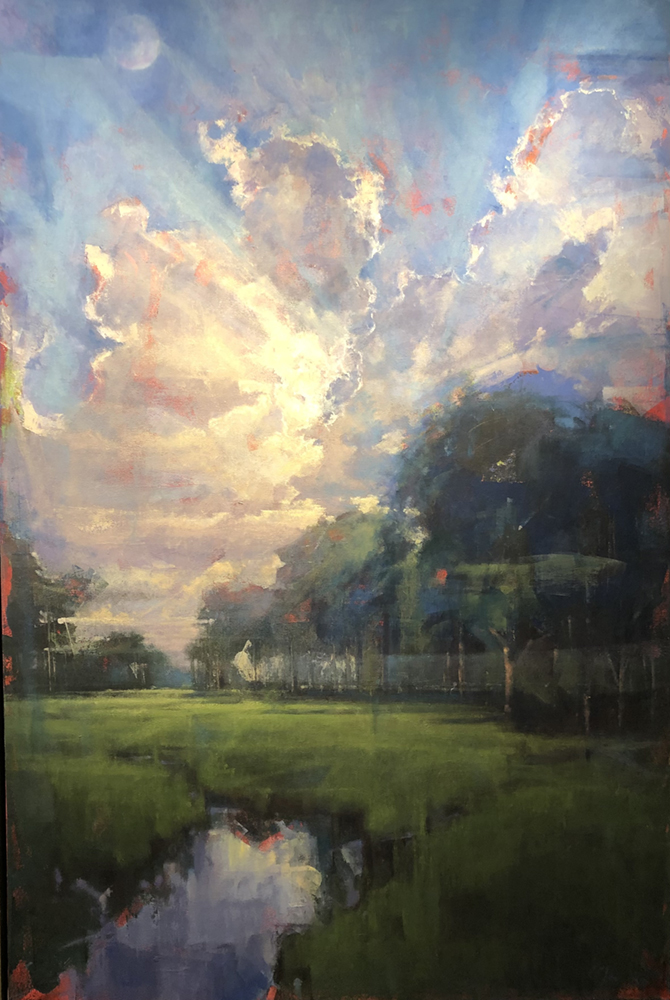 Painting of sun shining through clouds over field, stream and trees