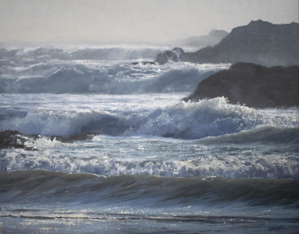 Oil painting of waves at a beach