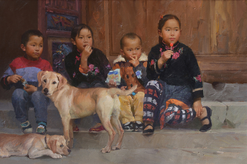 Oil painting of small children sitting on steps with their dogs