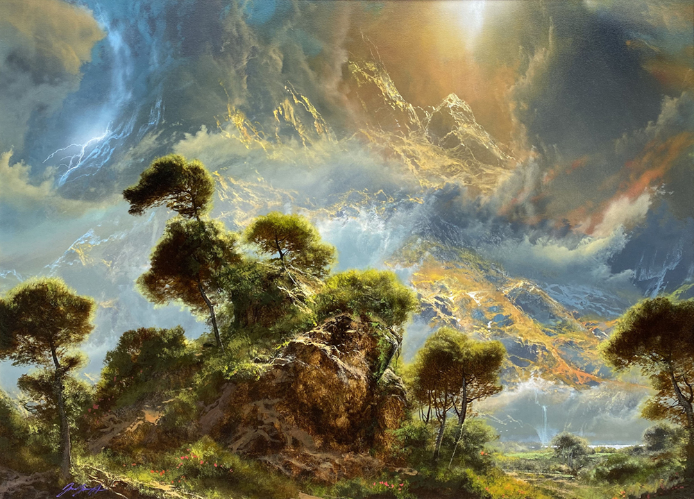 Fantastical painting of tree-covered rocks with storm and mountains