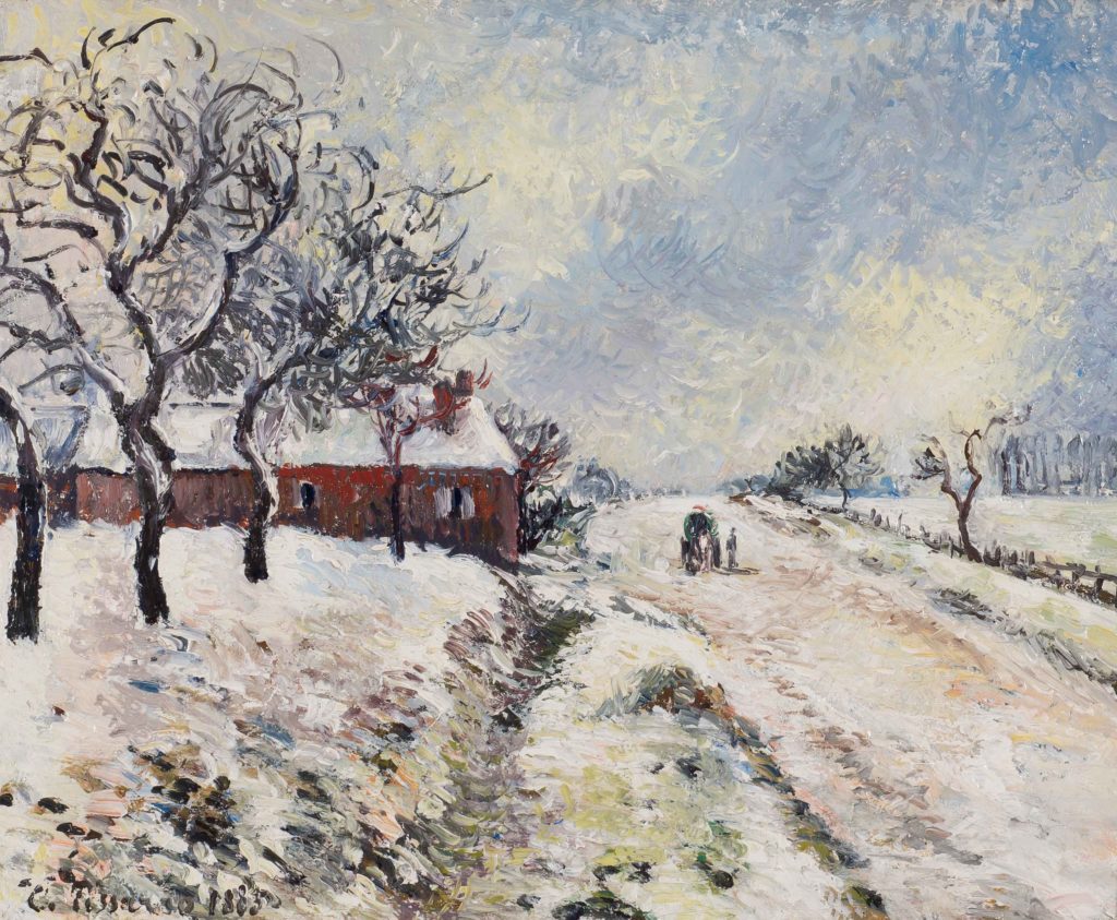 Camille Pissarro, "Route Enneigee avec Maison" painting