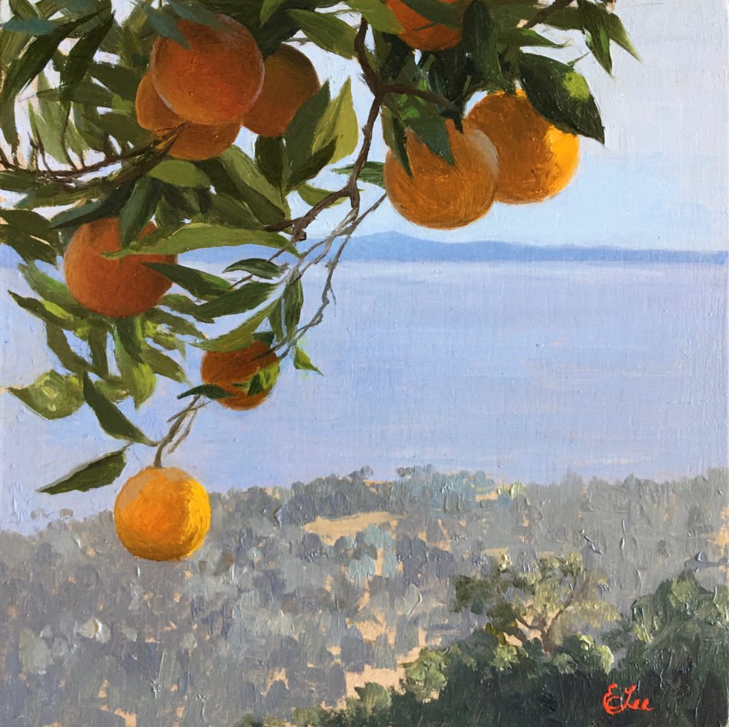 Oil painting of an orange tree